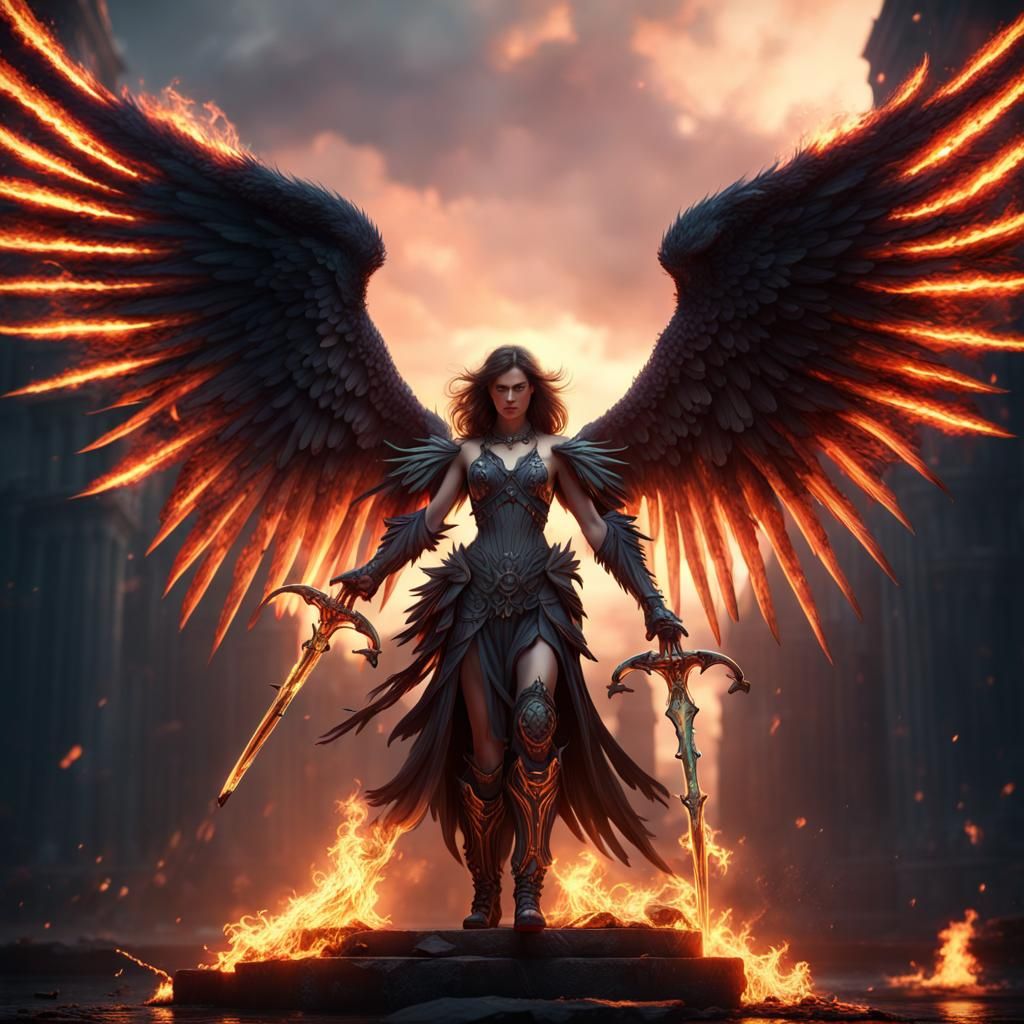 Winged Dark Angel with Flaming Blades