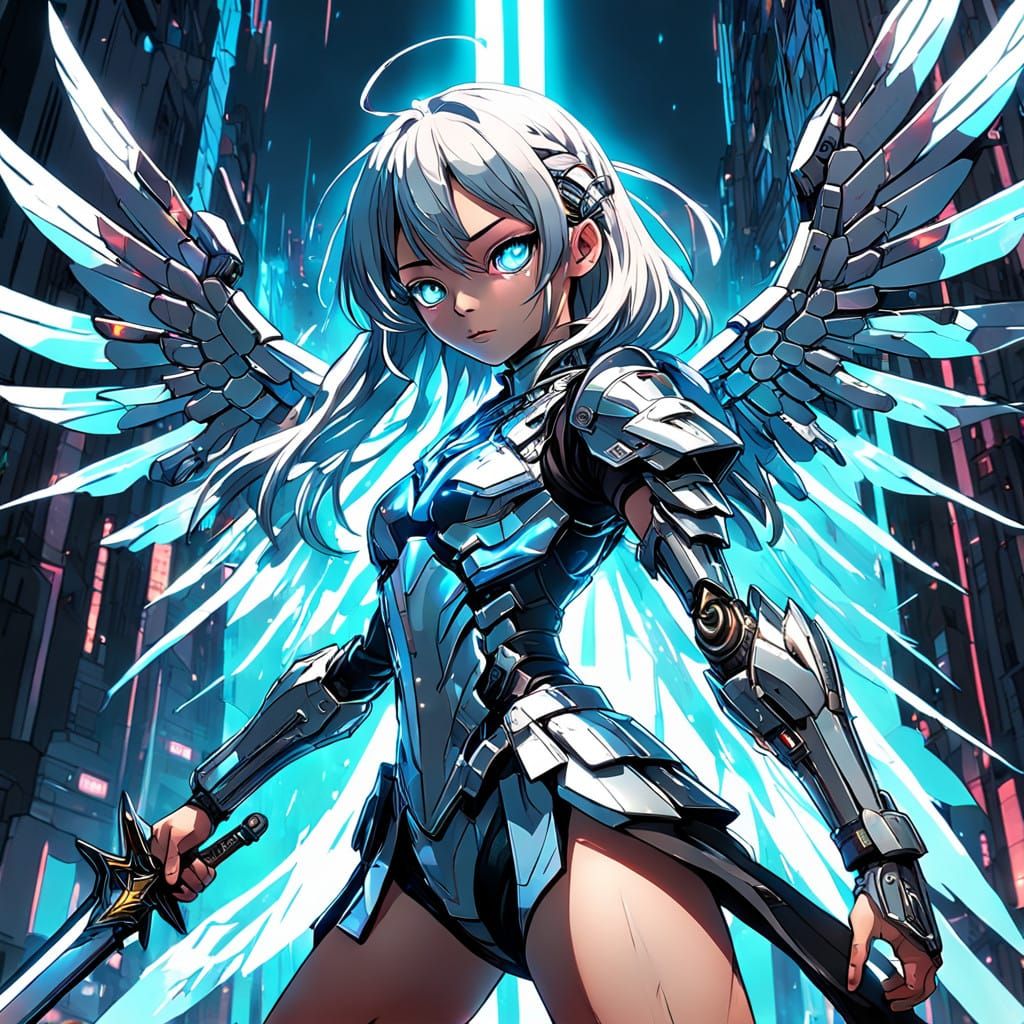 Cyberpunk Goddess with Chrome Wings and Neon Circuitry