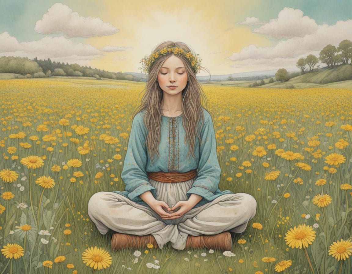 Surreal Cartoon Girl Meditates in Dazzling Dandelion Field