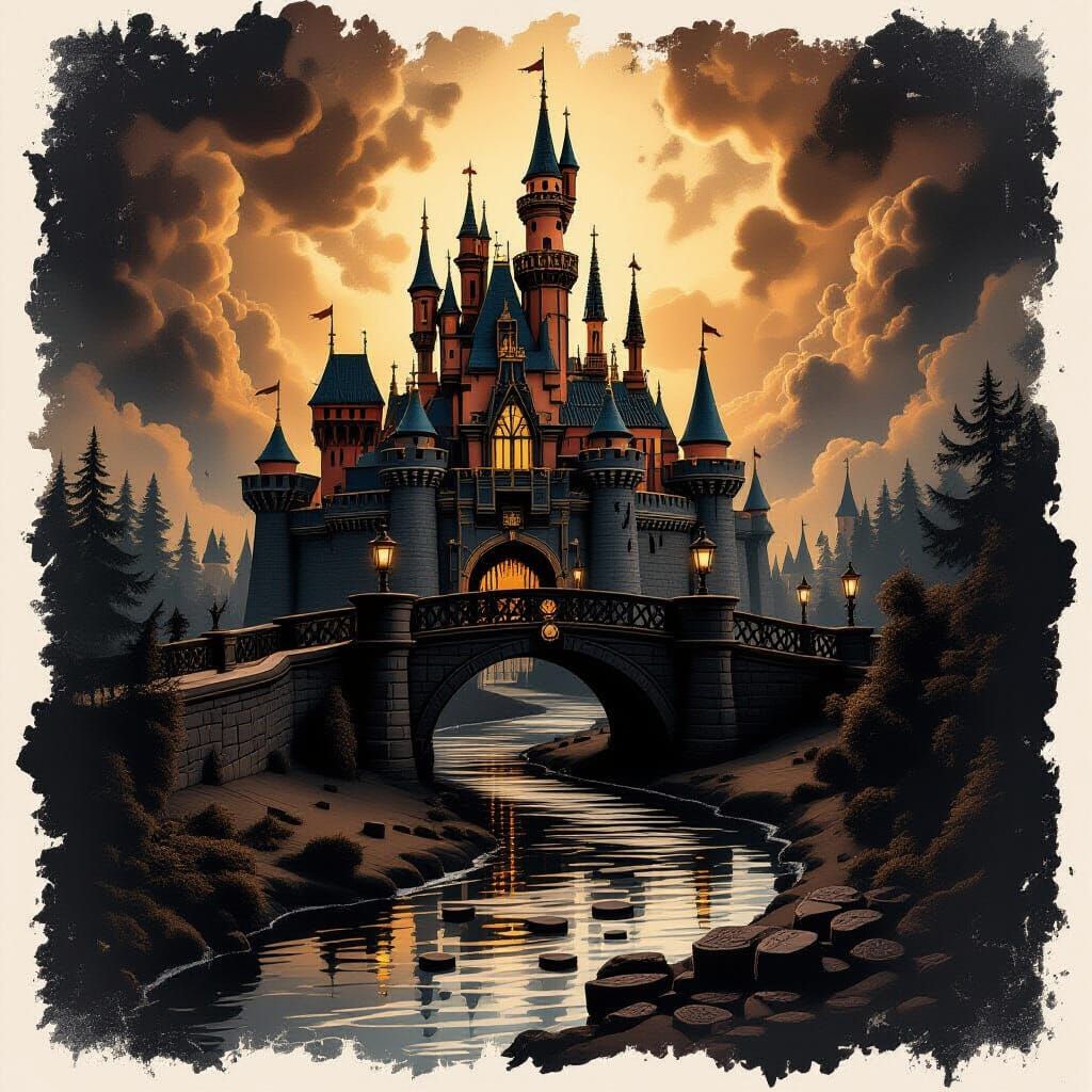 Dark Chocolate Castle & Biscuit Bridge in Dreamlike Style