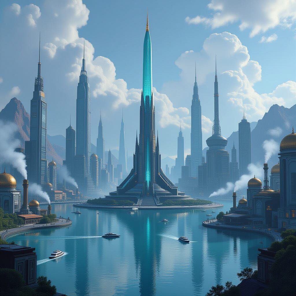 Futuristic Metropolis with Steampunk and Dystopian Elements
