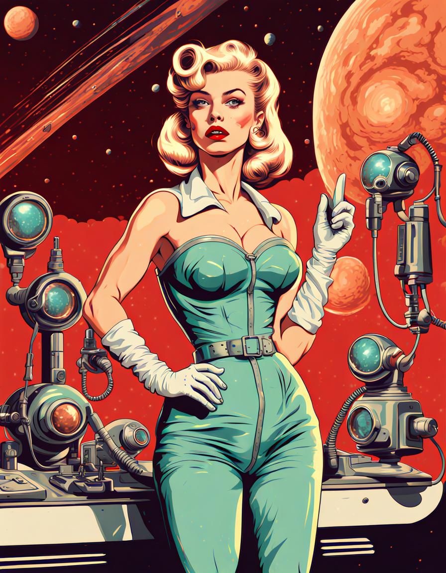 Retro Futurism Pinup Poster on Martian Planet