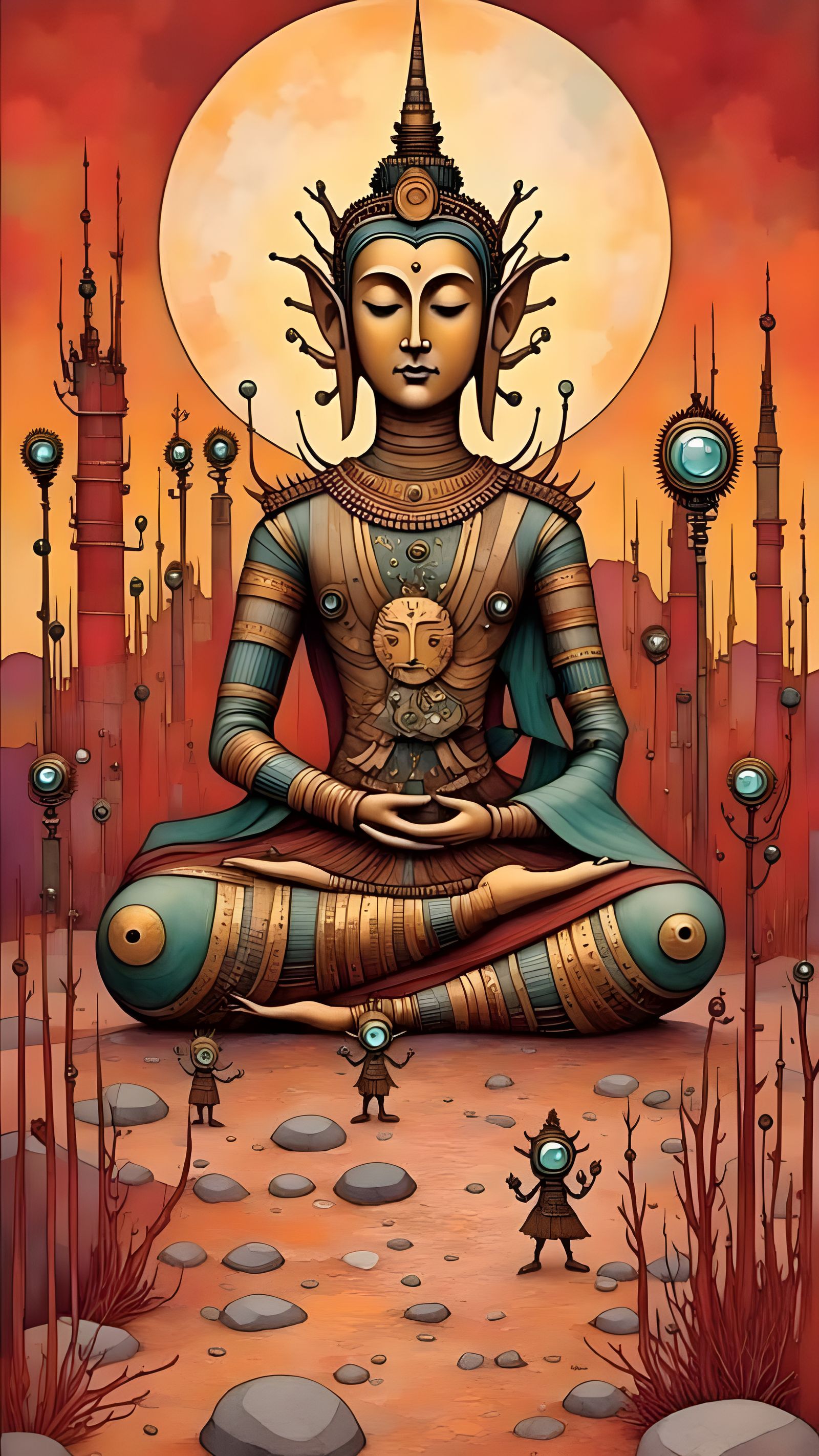 Steampunk Buddha Meets Martian Rebels in Red Martian Landsca...