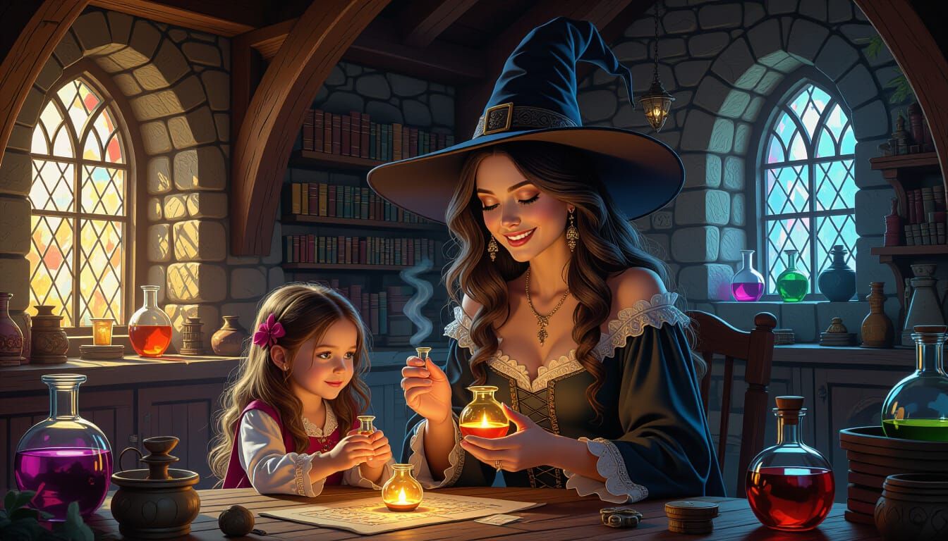Witch Teaches Daughter Potion Making in Cottage
