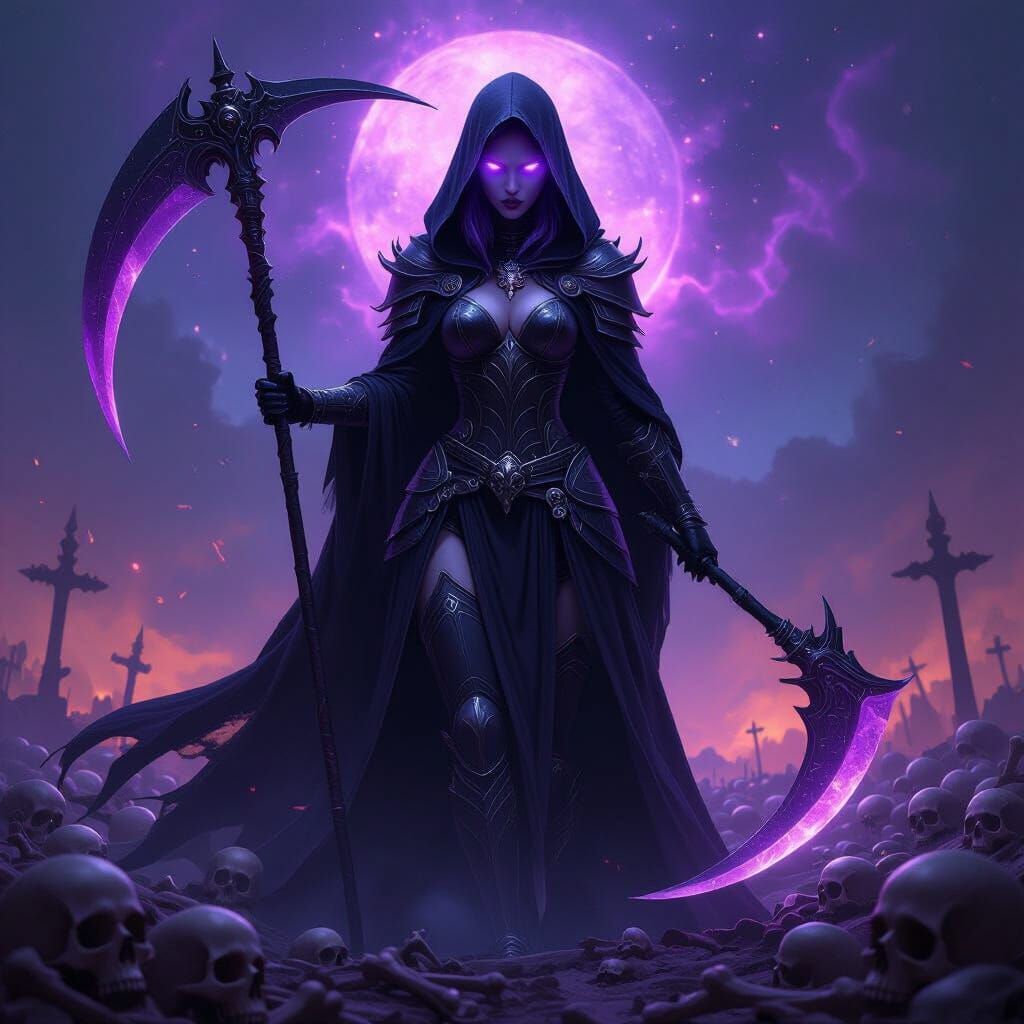 Queen of Skulls with Violet Eyes in Knight's Armor