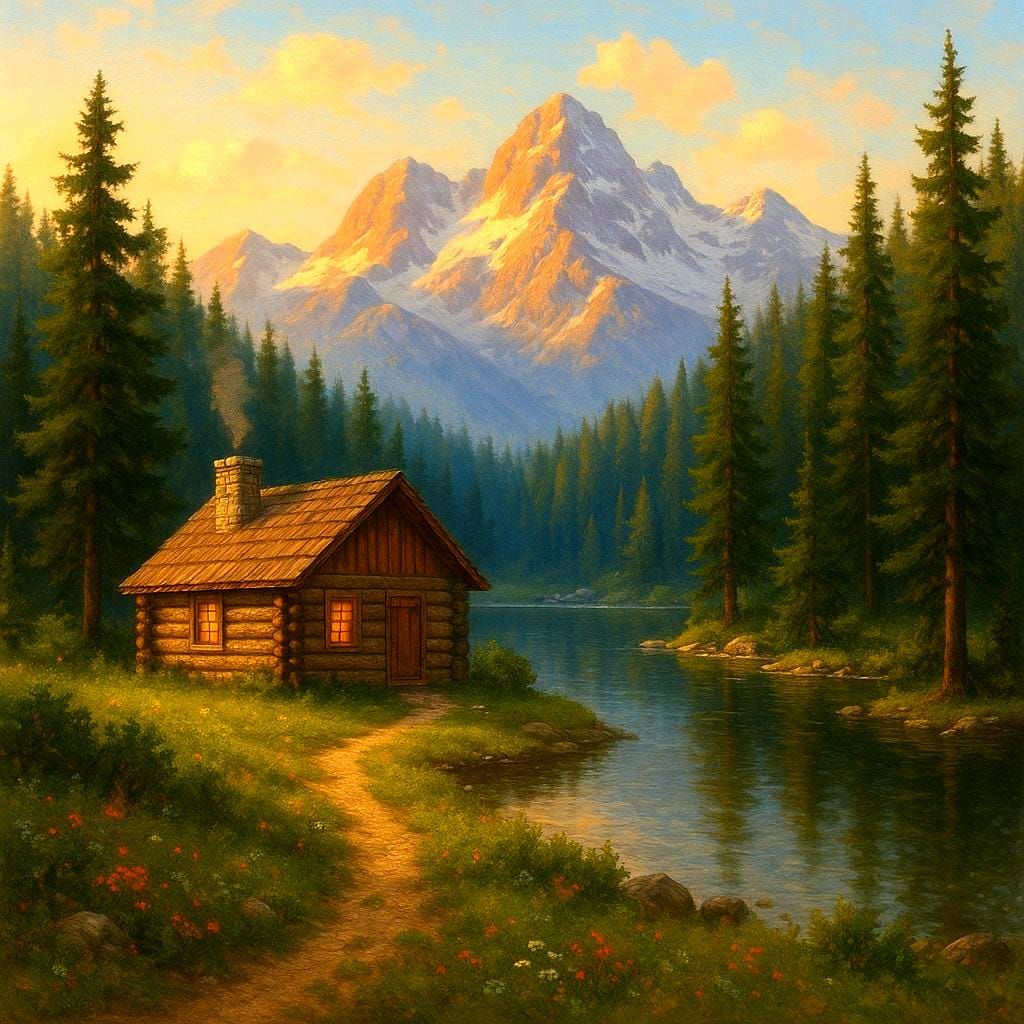 Mountain Cabin Scene: Tranquil AI Image