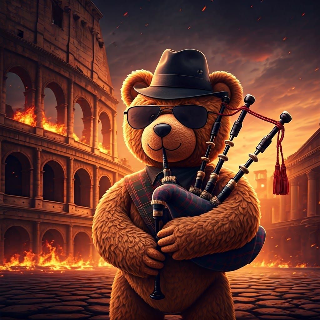 Teddy Bear Plays Bagpipes as Rome Burns