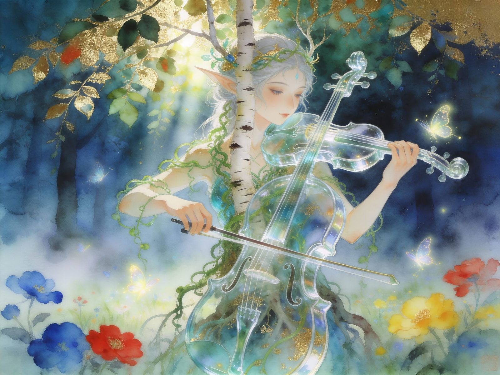 Birch Dryad Plays Glass Violin in Foggy Forest