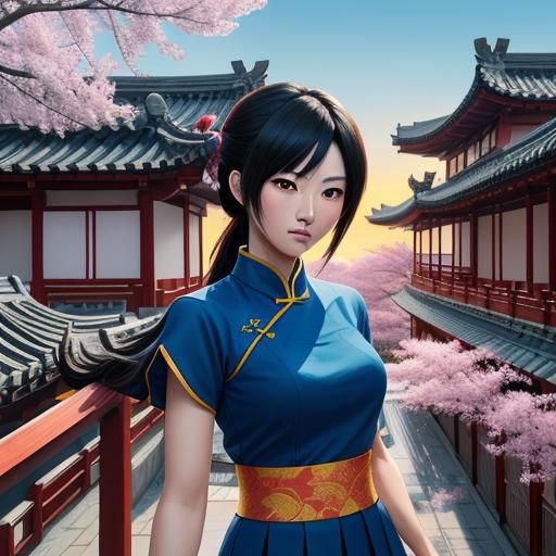 Ling Xiaoyu in Vibrant Anime Style Courtyard