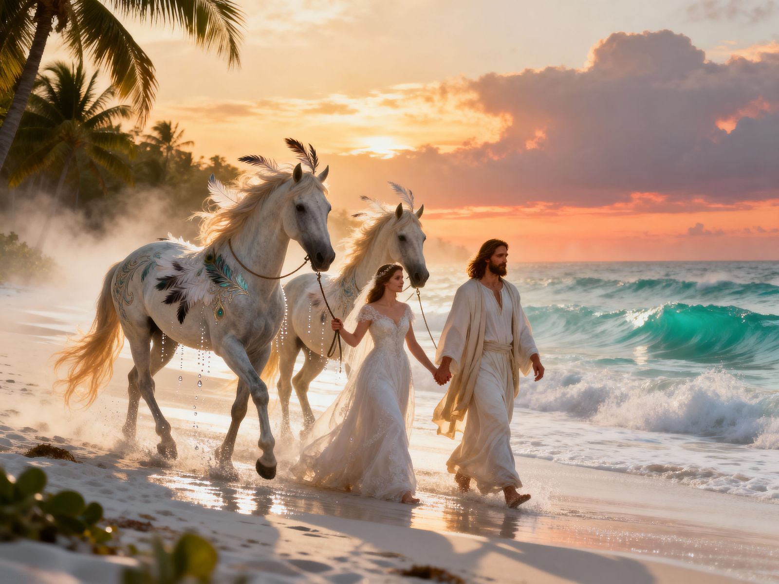 Jesus and Bride on Tropical Beach with Arabian Horses