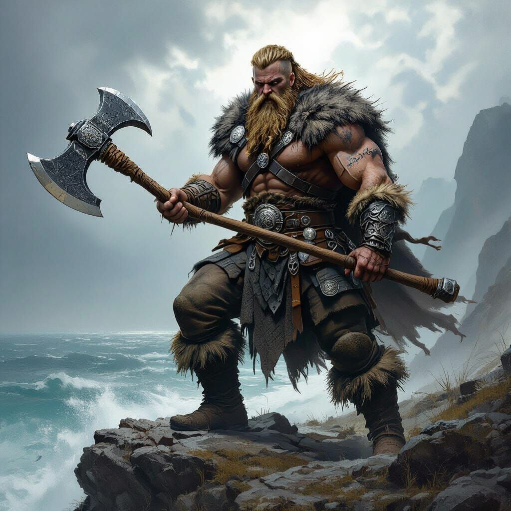 Viking Warrior with Axe on Stormy Cliff