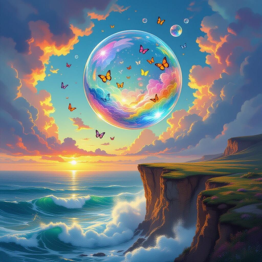 Magical Realism Cliff Scene with Floating Bubble