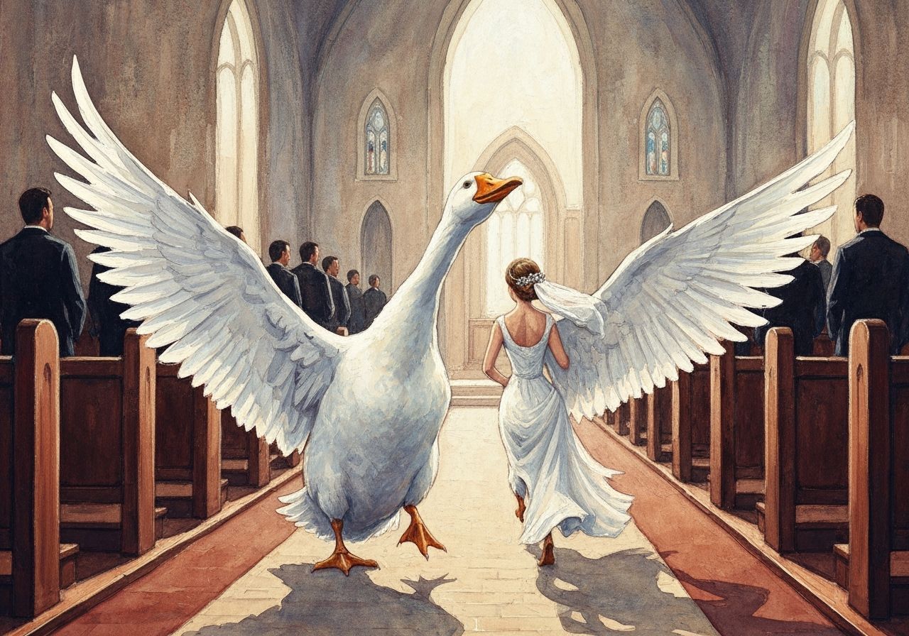 A bride running away down the aisle of a church from a large white goose with wings raised and neck outstretched