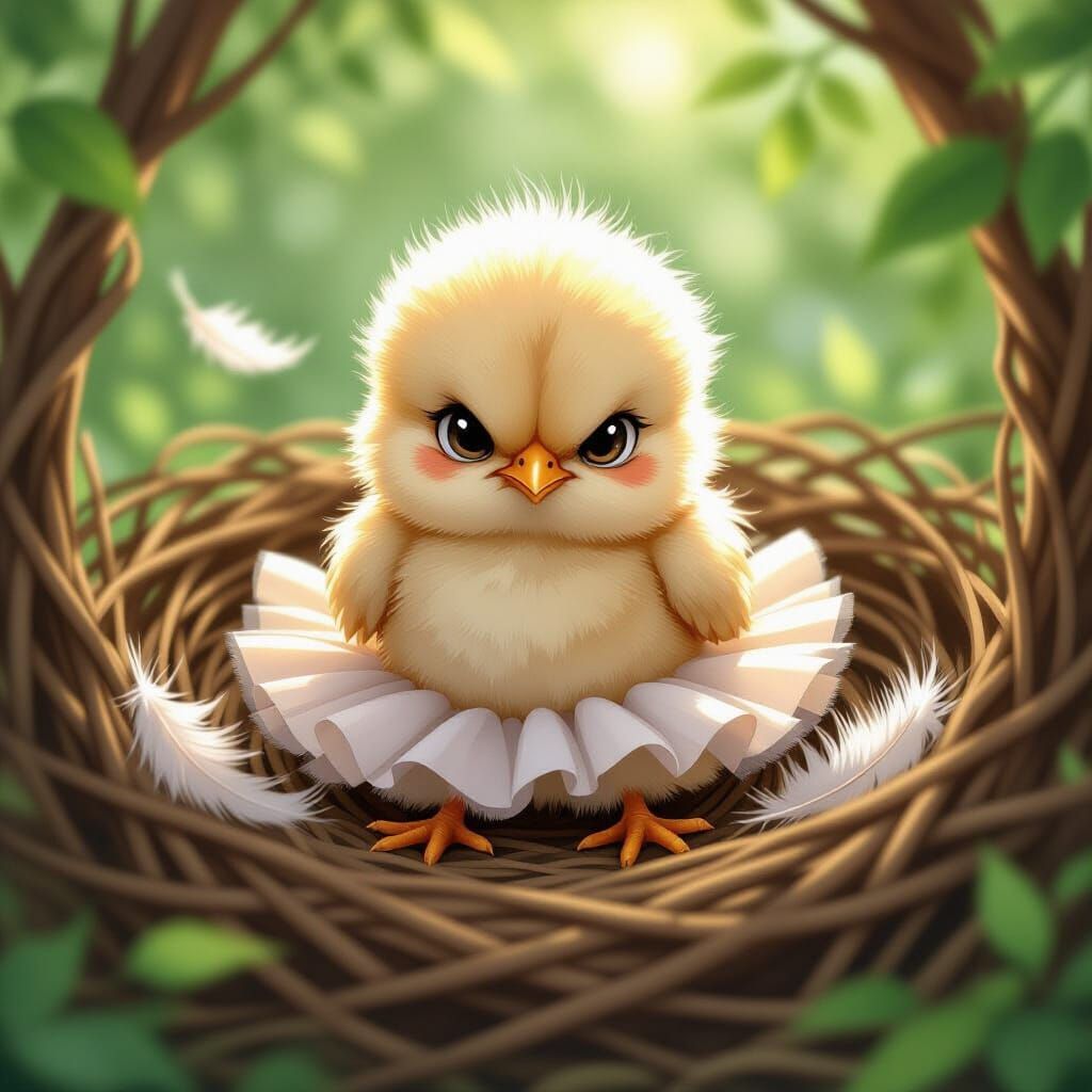 Grumpy Chick in Nest, Anime Style