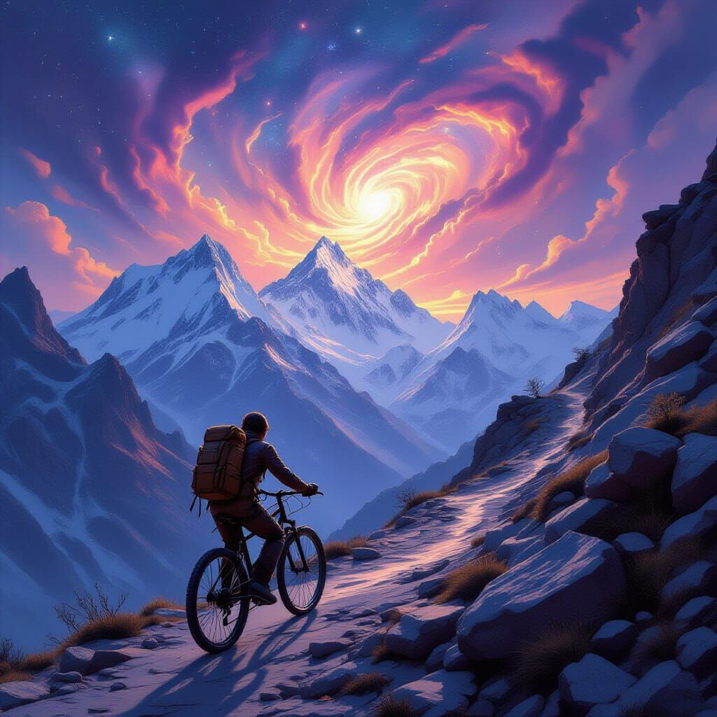 Himalayan Cyclist Under Cosmic Nebula in Fantasy Concept Art...