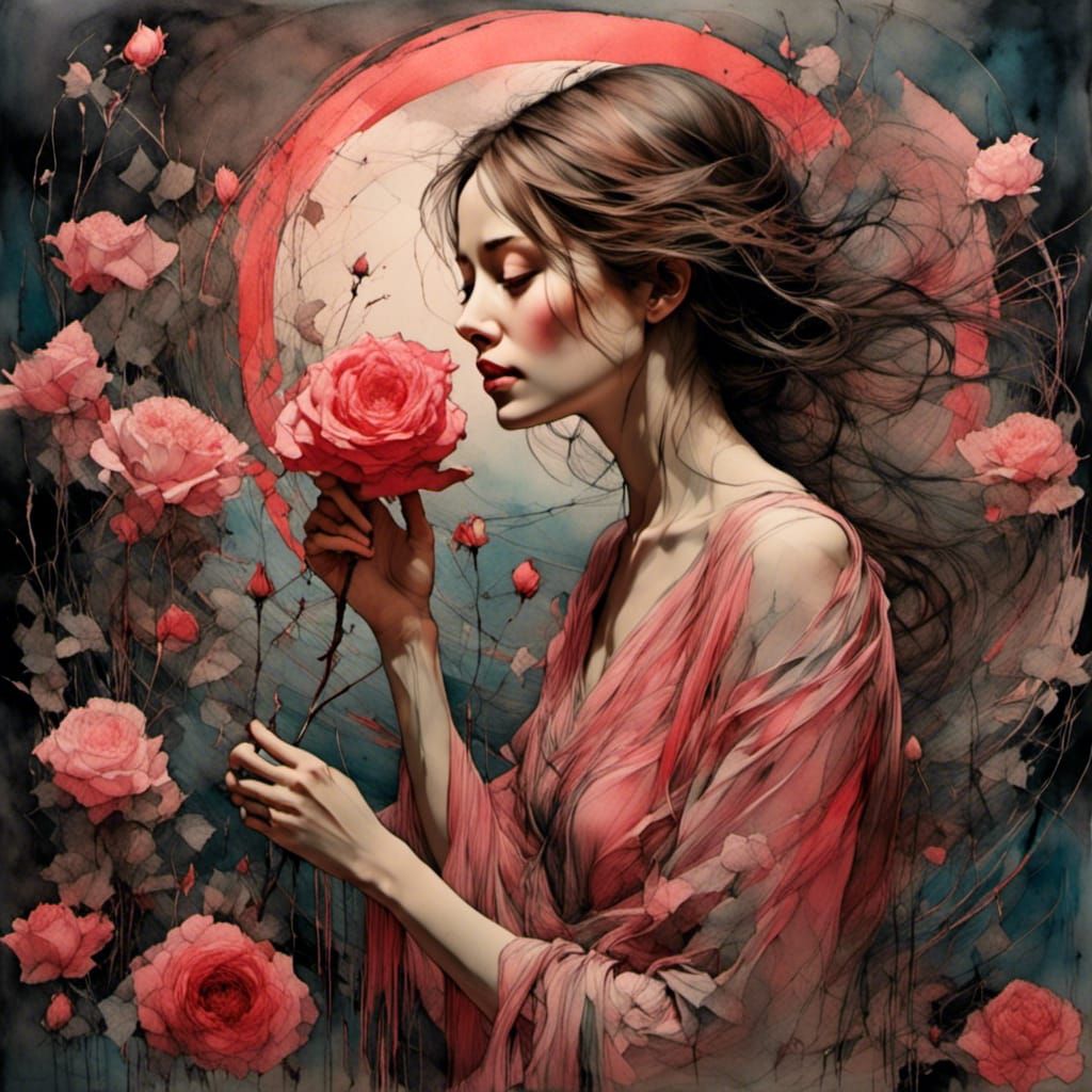 Woman Smelling Rose in Twilight Garden