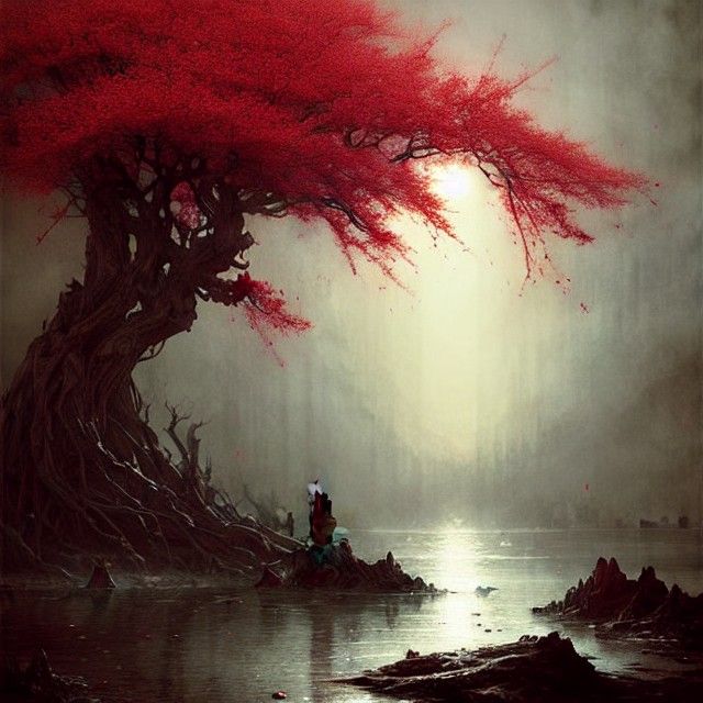 Sinister Sakura Tree on Lake of Blood