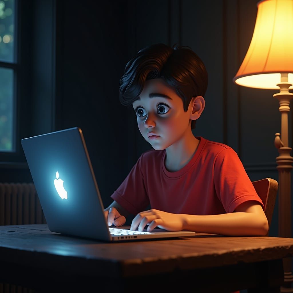 Boy Typing in Dimly Lit Room, Matte Painting Style