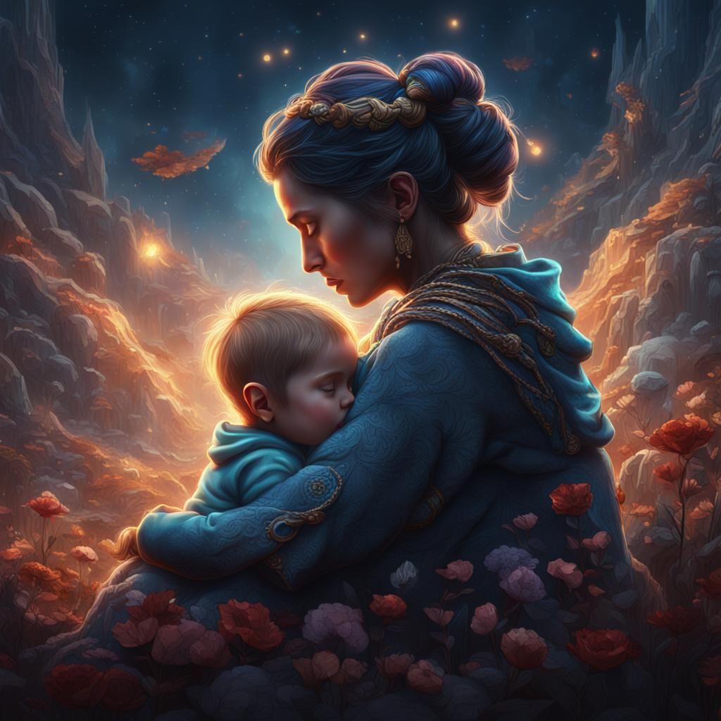 A mother and her baby sharing a peaceful moment of quiet cuddles, surrounded by love