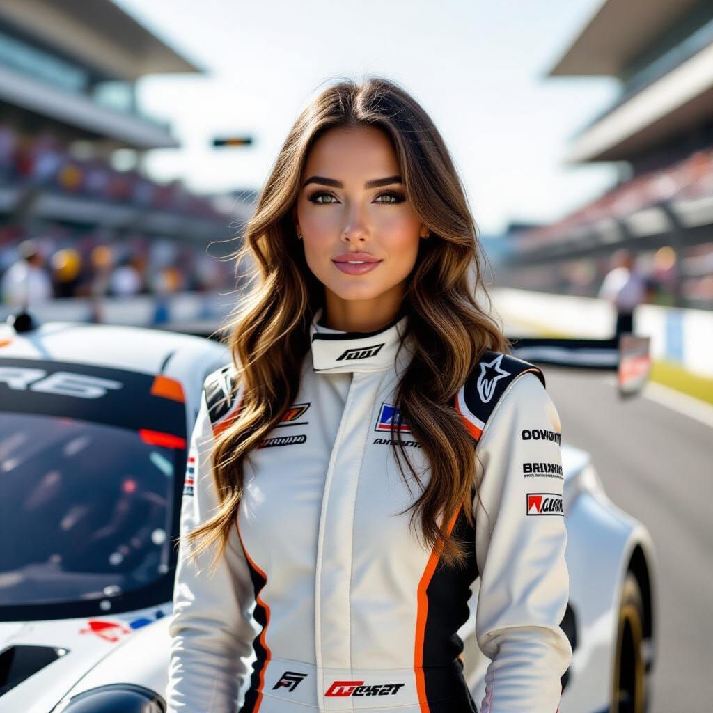 Captivating Woman in Racing Suit at Racetrack: Photorealisti...