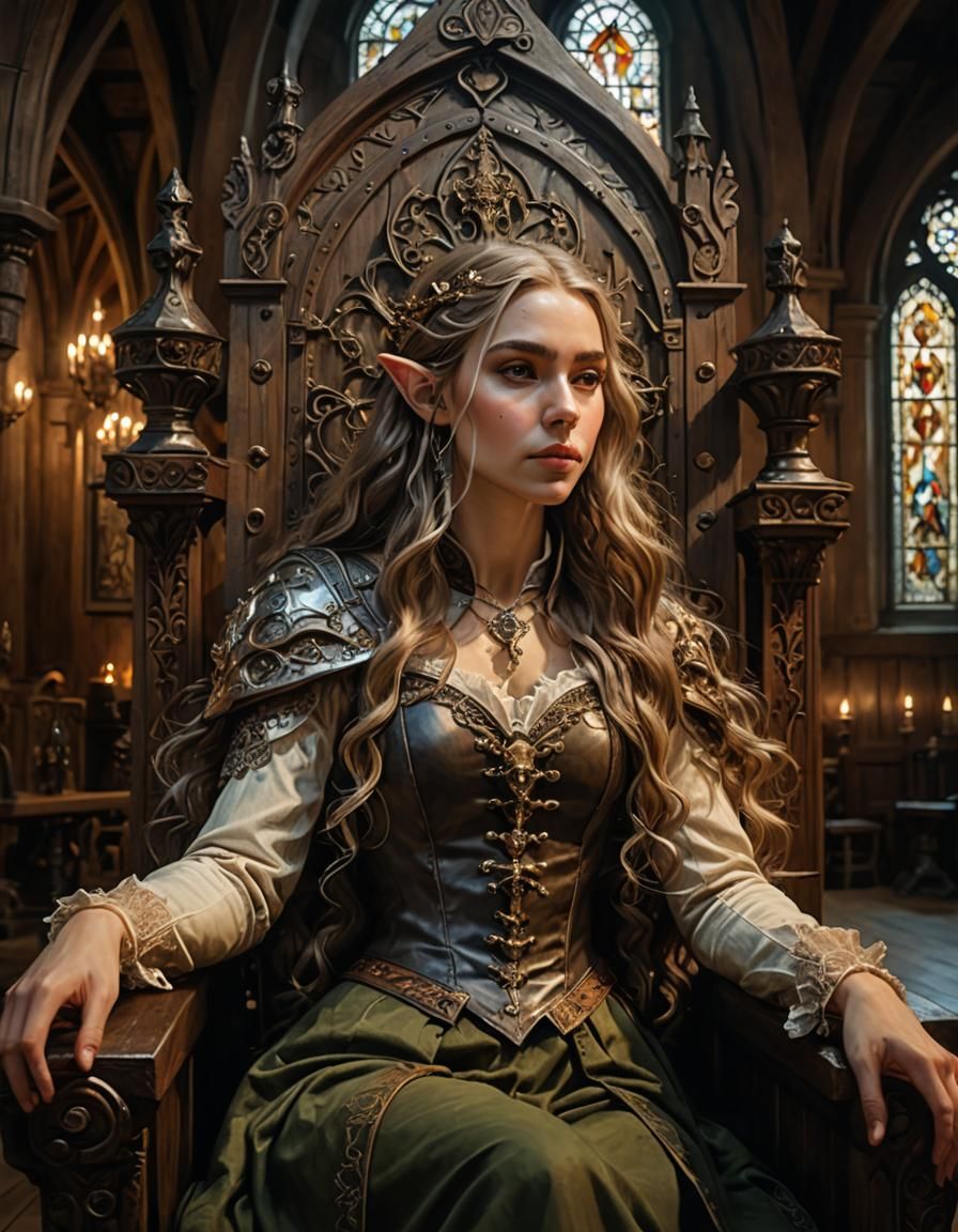 Elven Princess on Steampunk Throne: Rembrandt-Inspired Oil P...