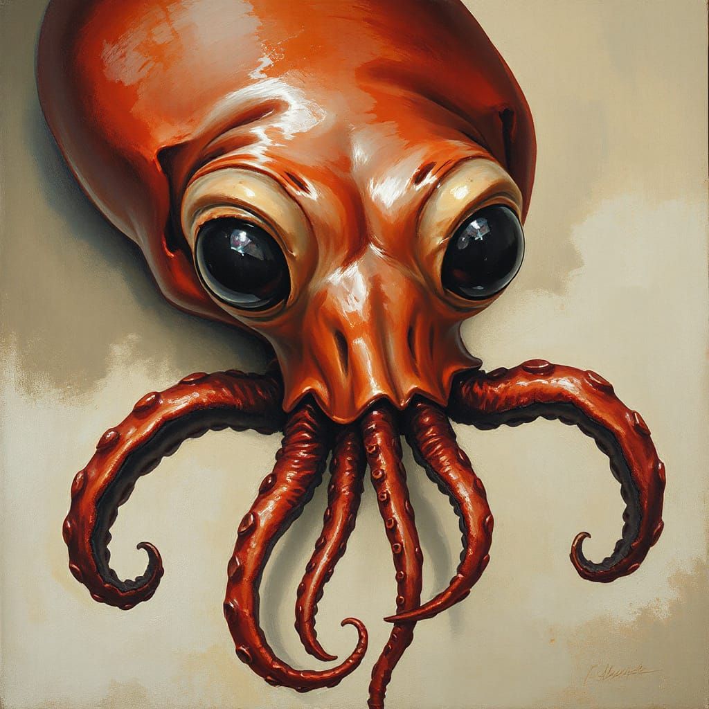 Whimsical Giant Squid Painting in Dreamlike Ocean Depths