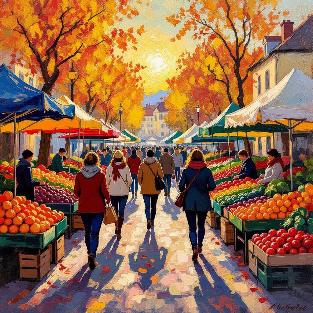 Autumn Farmers Market at Sunset, Bold Brushstrokes