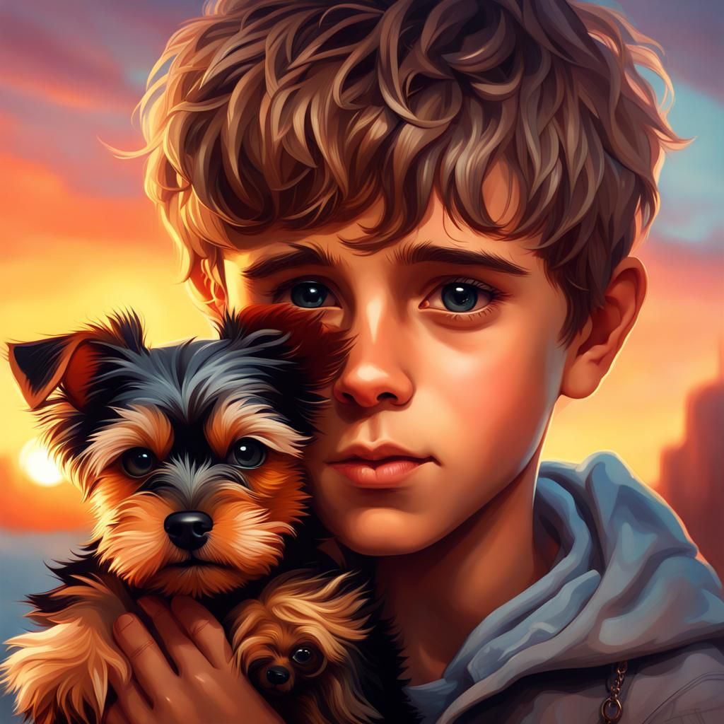 Boy with Yorkshire Terrier at Sunset