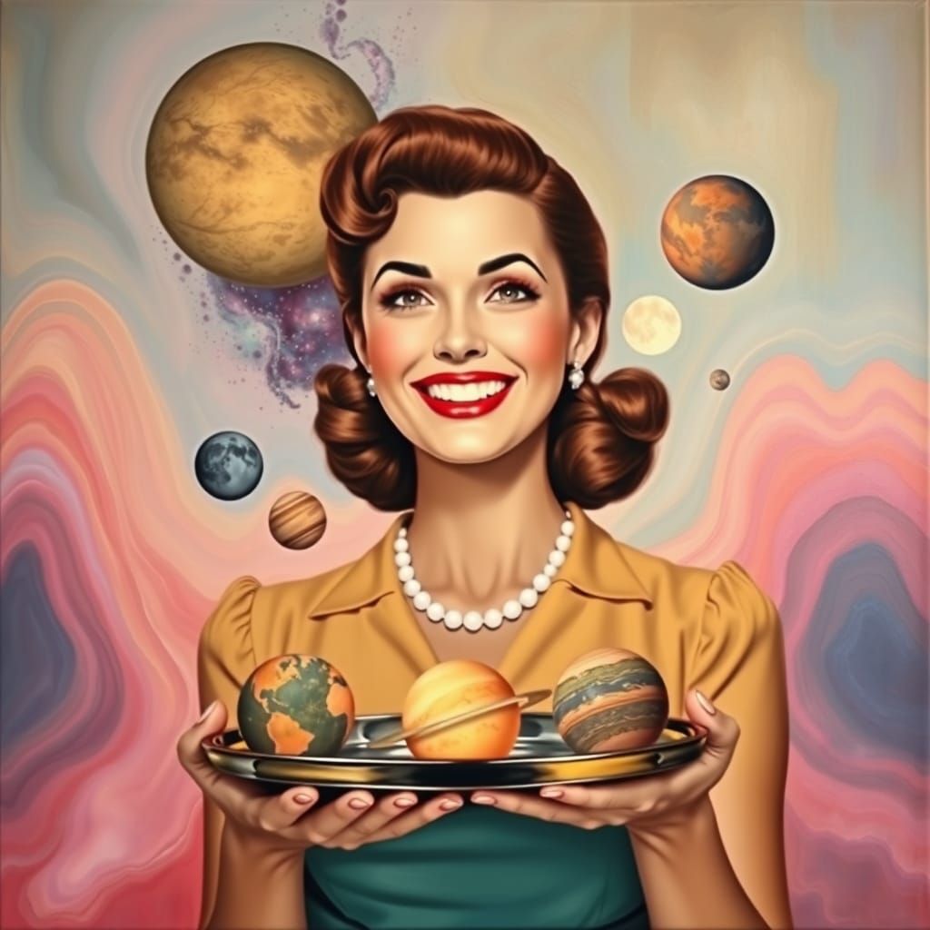 Surreal 1950s Woman with Planets Advertisement