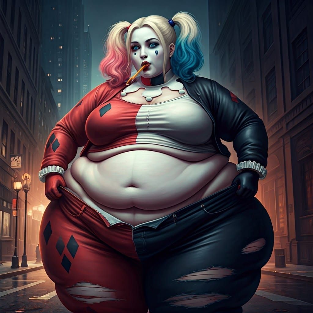 Harley Quinn's Wardrobe Malfunction in Gotham, Digital Art