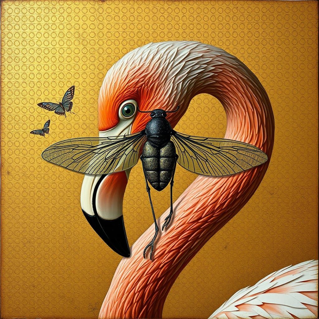 Portrait of an insect and flamingo.