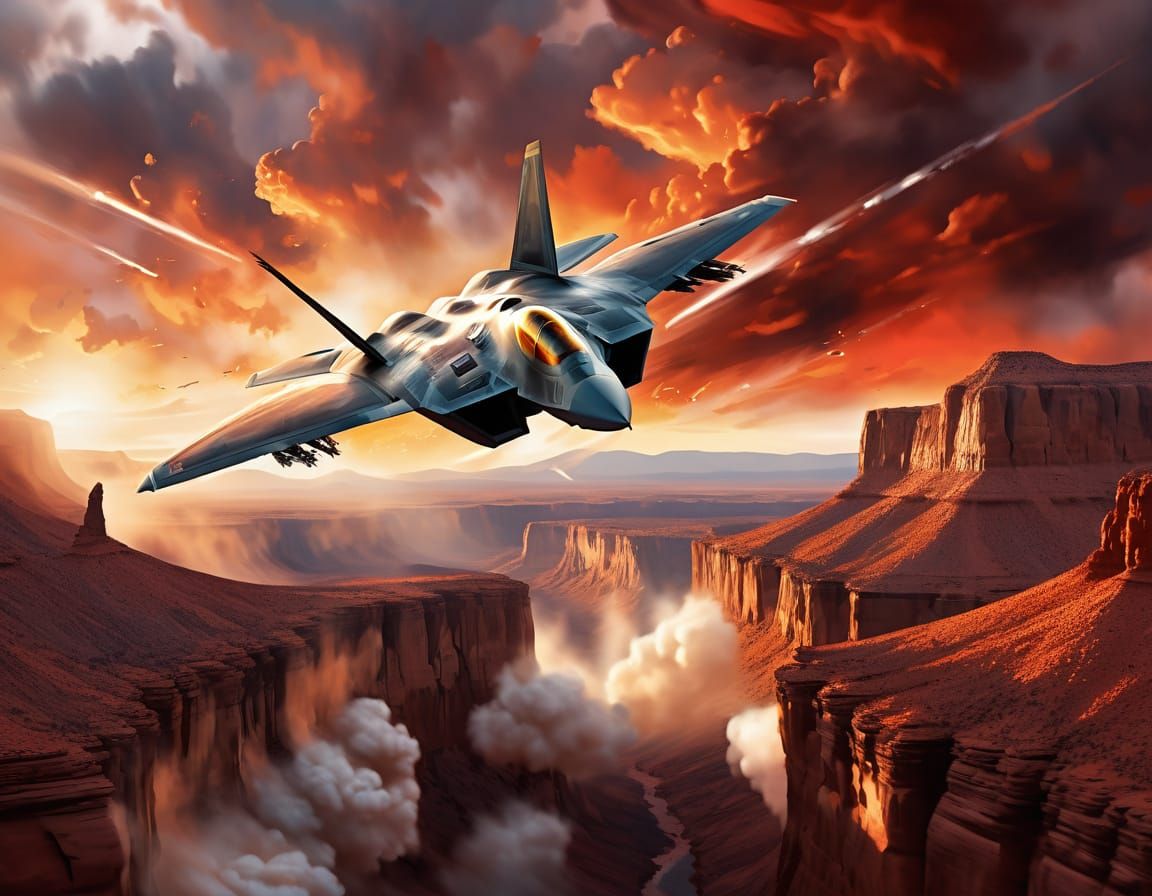 F-22 Raptor Soaring Through Canyon in Watercolor Style