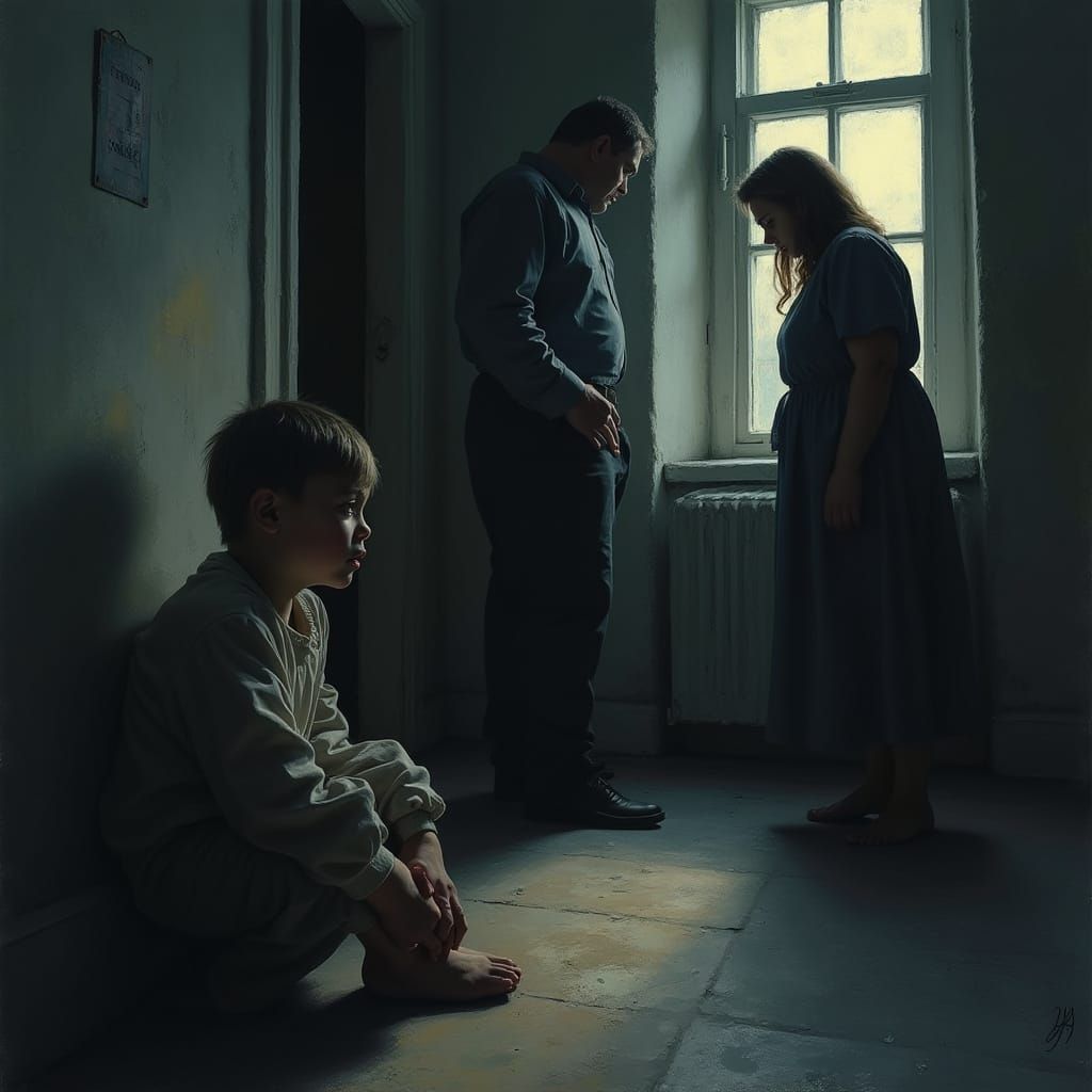 Sorrowful Child Surrounded by Hope in a Somber Interior
