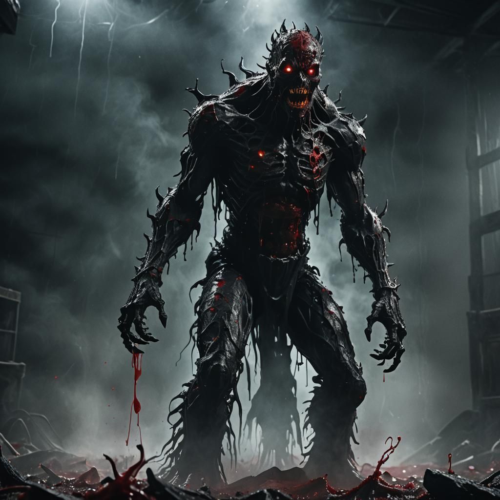 Dark Fantasy: Eyeless Black Monster in Crimson Blood