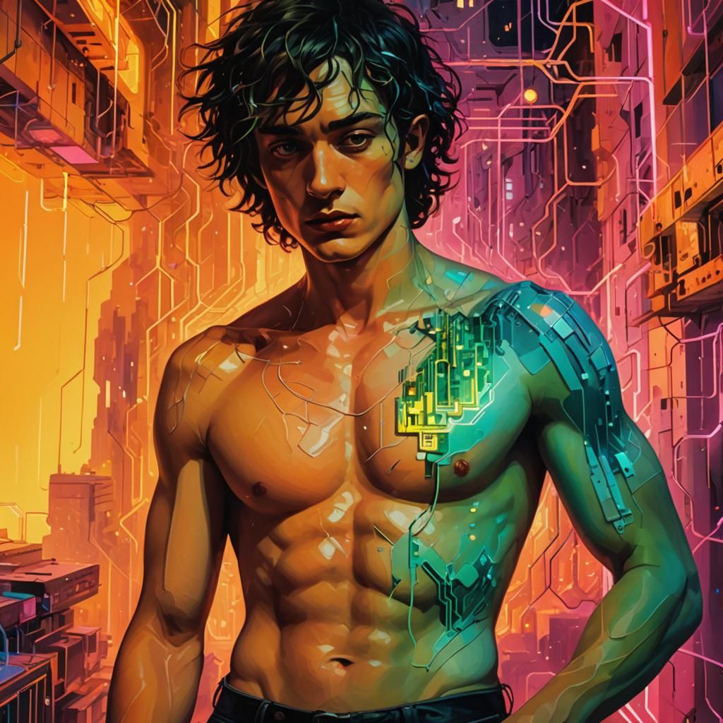 Pixelated Man in Surreal Neofuturistic Landscape