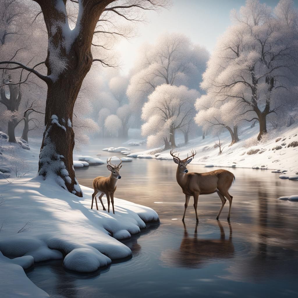 Winter River Scene with Deer: Detailed Matte Painting