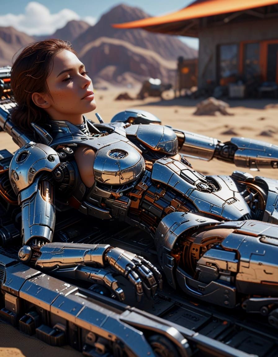 Futuristic Woman Sunbathing with Mech Details
