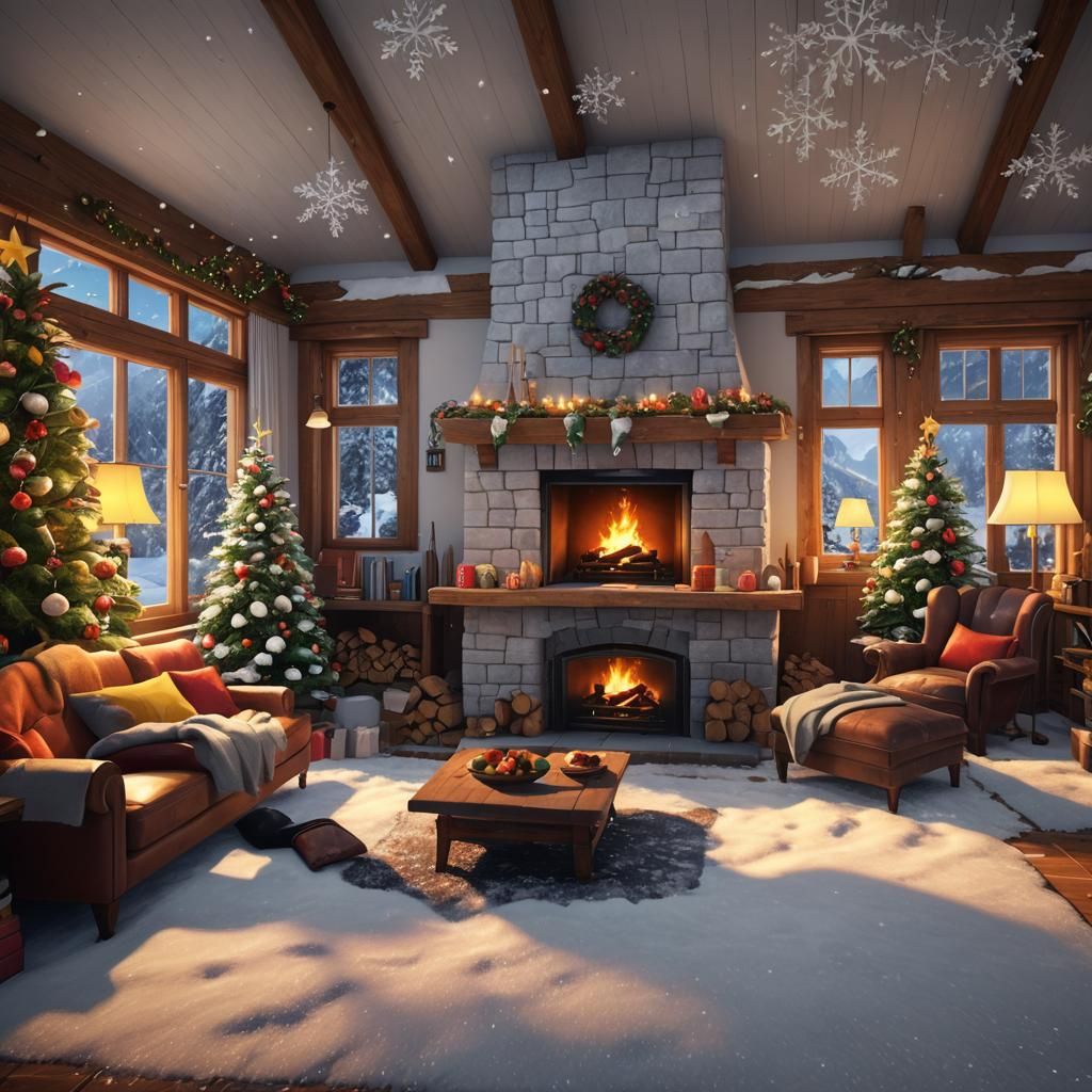 Cozy Christmas in Snowy Mountains as 3D Render