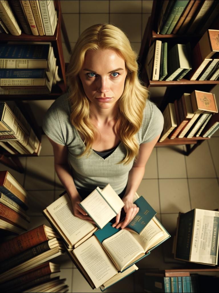 Cinematic Library Scene with Woman and Books