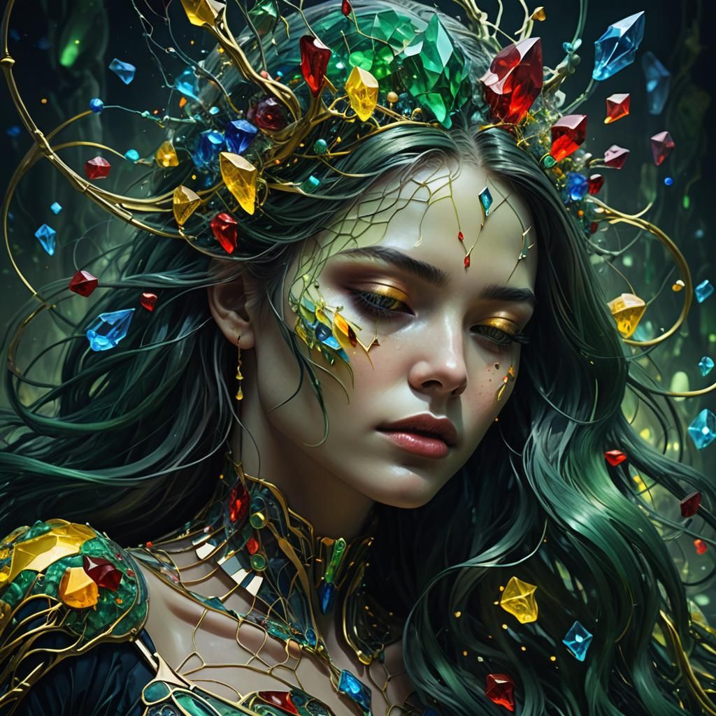 Glass Cyborg Woman in Sleep Mode, Surreal Digital Art