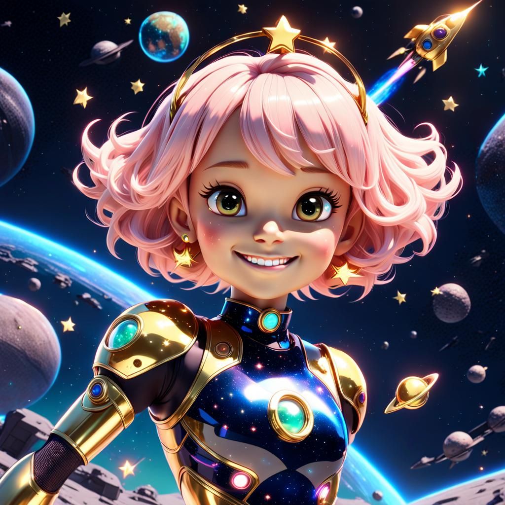 Anime Princess in Bioluminescent Bodysuit with Retro Rockets