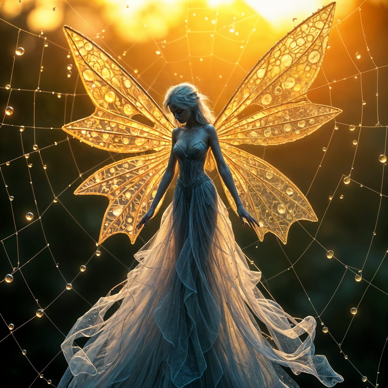 Ethereal Morning Fairy Amidst Enchanted Spiderweb