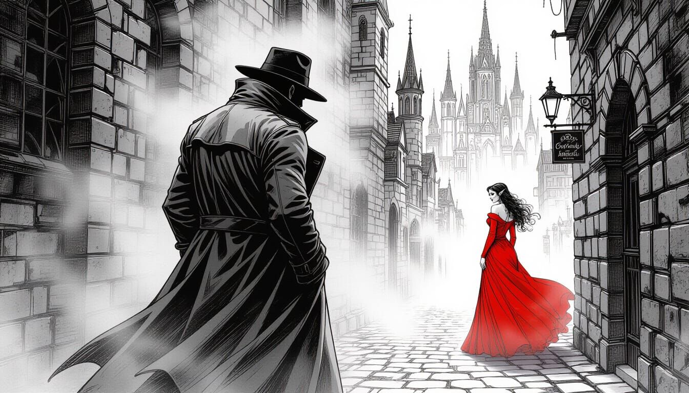 Orc Detective in Gothic City, Pen and Ink Style