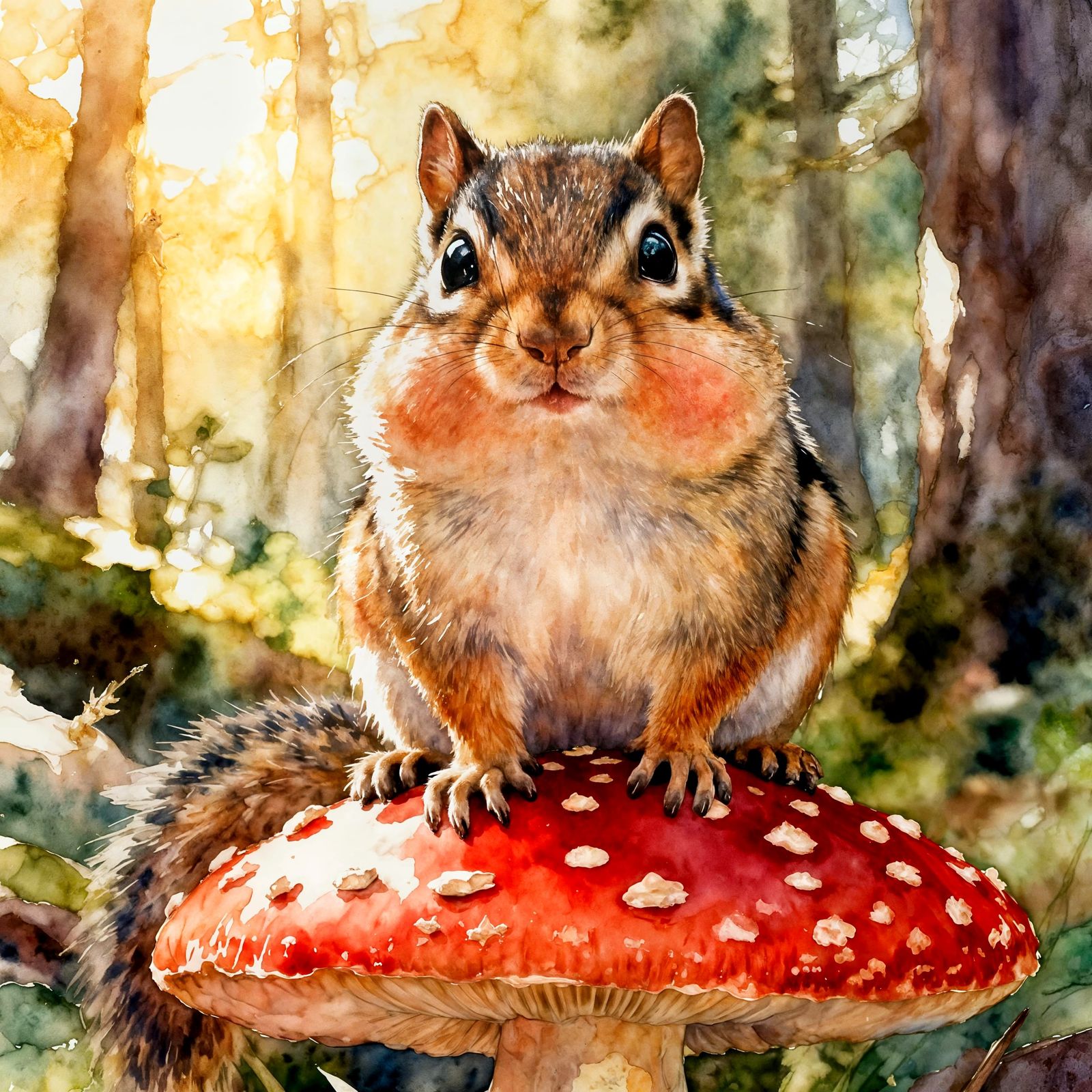 Chubby Chipmunk on Mushroom in Watercolor Forest
