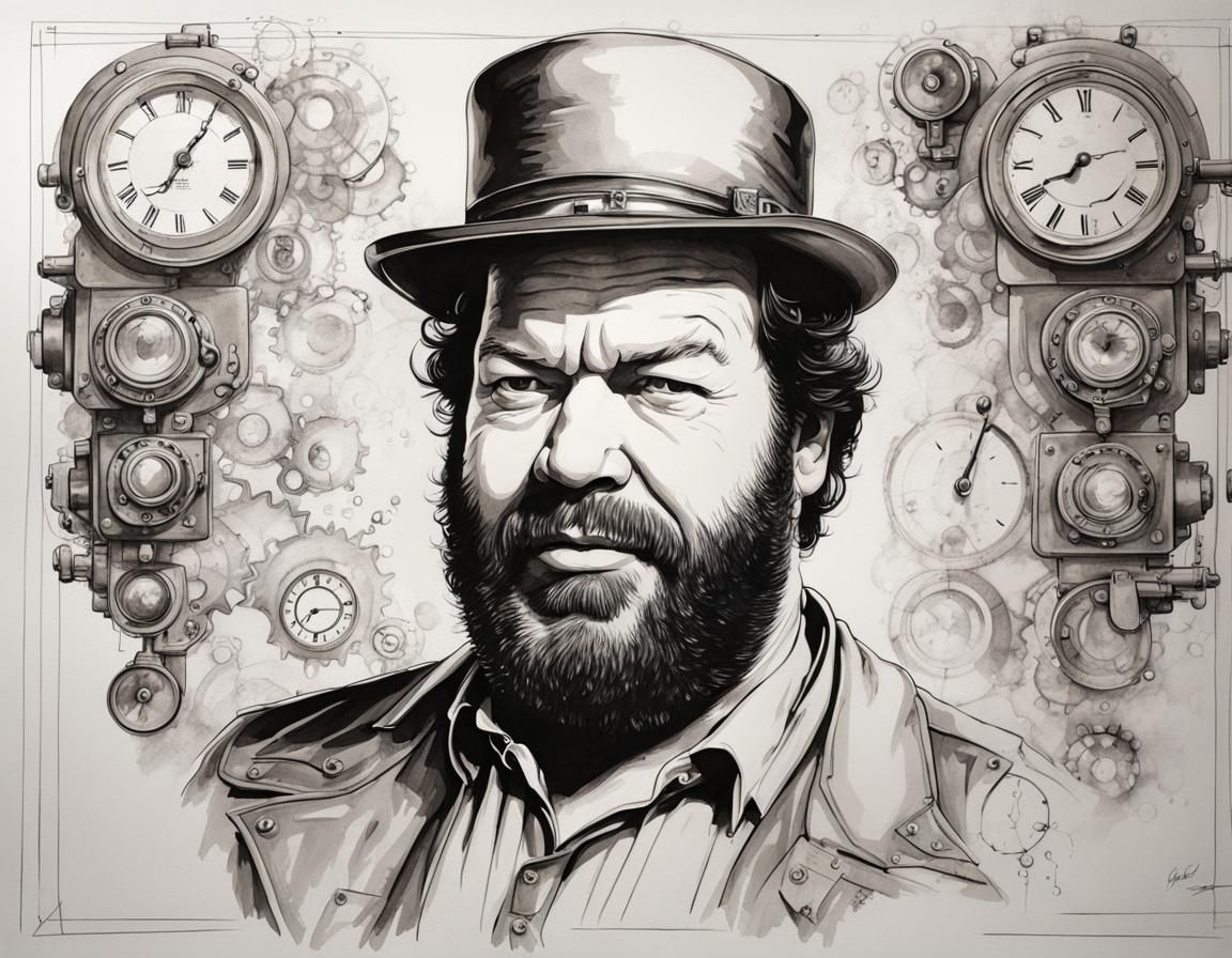 Bud Spencer Steampunk Portrait in Monochromatic Ink