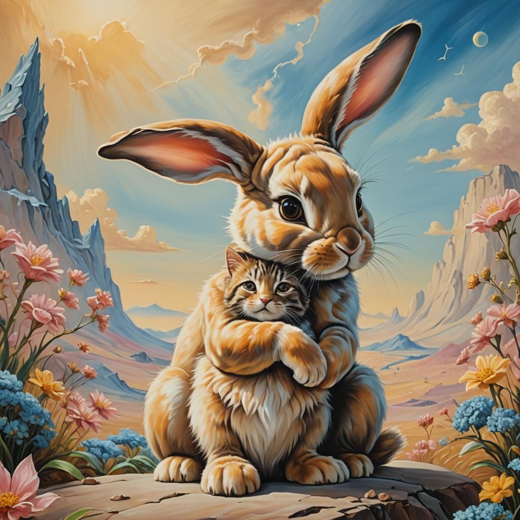 Surreal Bunny and Kitten Embrace: Oil Painting