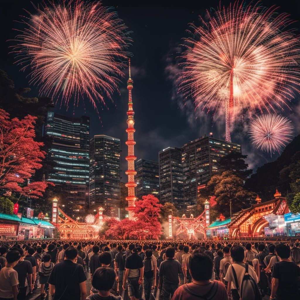 Japanese Summer Festival with Fireworks at Night