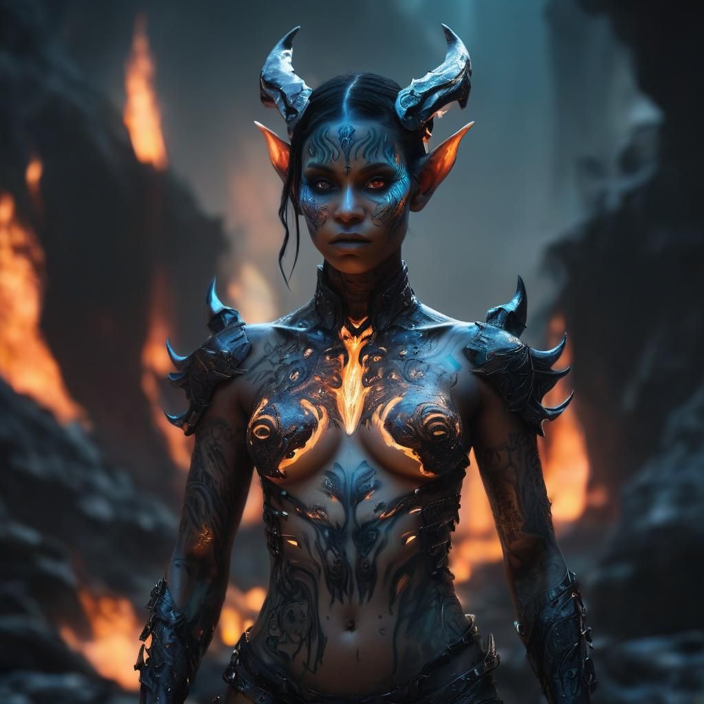 Quantum-Futuristic Demoness Elf in Cyberpunk Style