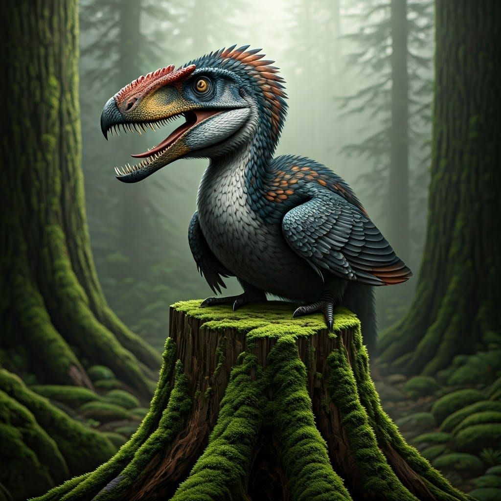 A prehistoric bird-like reptile with razor-sharp teeth, Oculudentavis khaungra perched on a moss-covered tree stump in a...