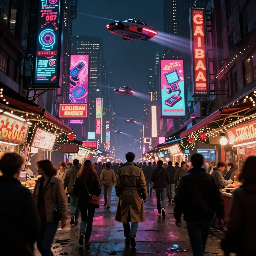Cyberpunk Marketplace with Holographic Ads and Flying Cars